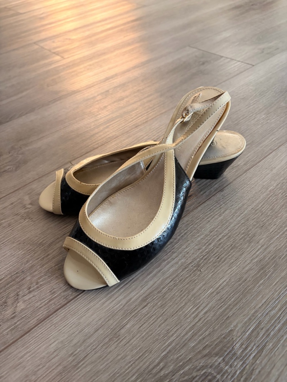 Etienne Aigner Black and Beige Peep-Toe Slingback Wedges